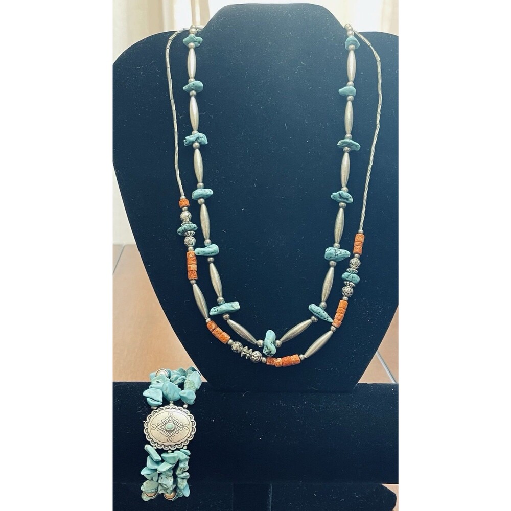 Southwestern Silver Tone Turquoise Coral Bead Necklace & Bracelet Lot Untested - Picture 2 of 14